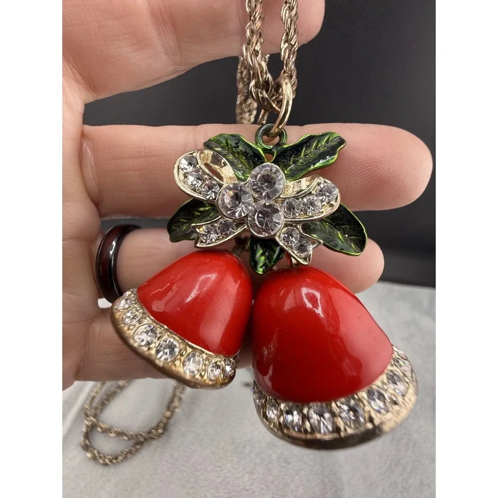 Christmas Bell Necklace Red Enamel Green Leaf‎ Rhinestone Gold Tone 32